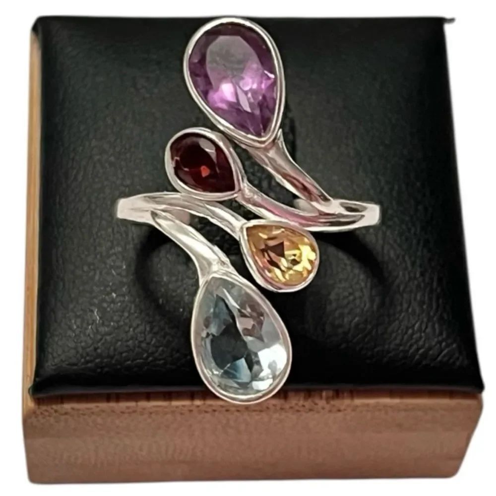 Gorgeous Sterling Silver Genuine Blue Topaz Amethyst Citrine Garnet Ring Size 8
